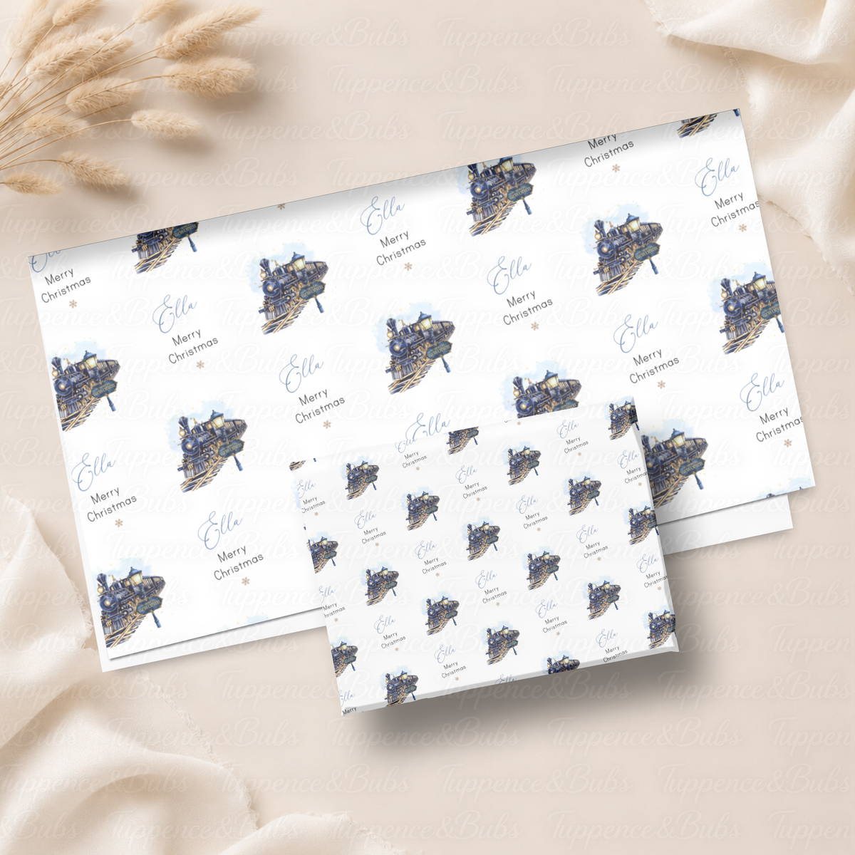 Navy Blue & Gold Steam Train Personalised Christmas Wrapping Paper – 5 A3 Sheets