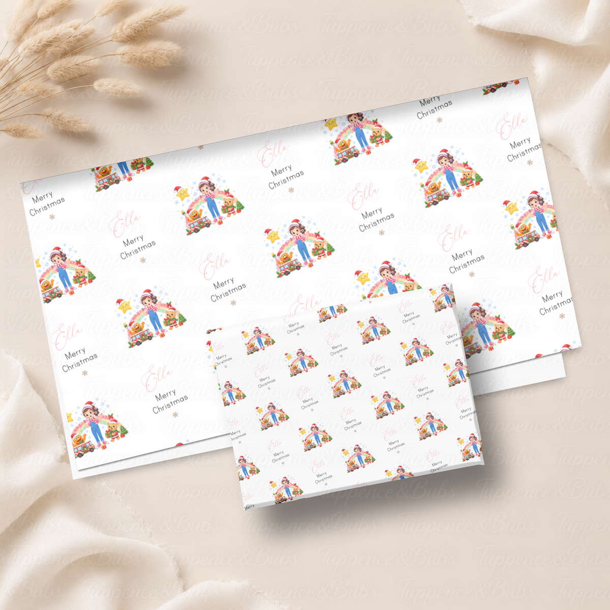 Colourful Rainbow Christmas Girl Personalised Wrapping Paper – 5 A3 Sheets