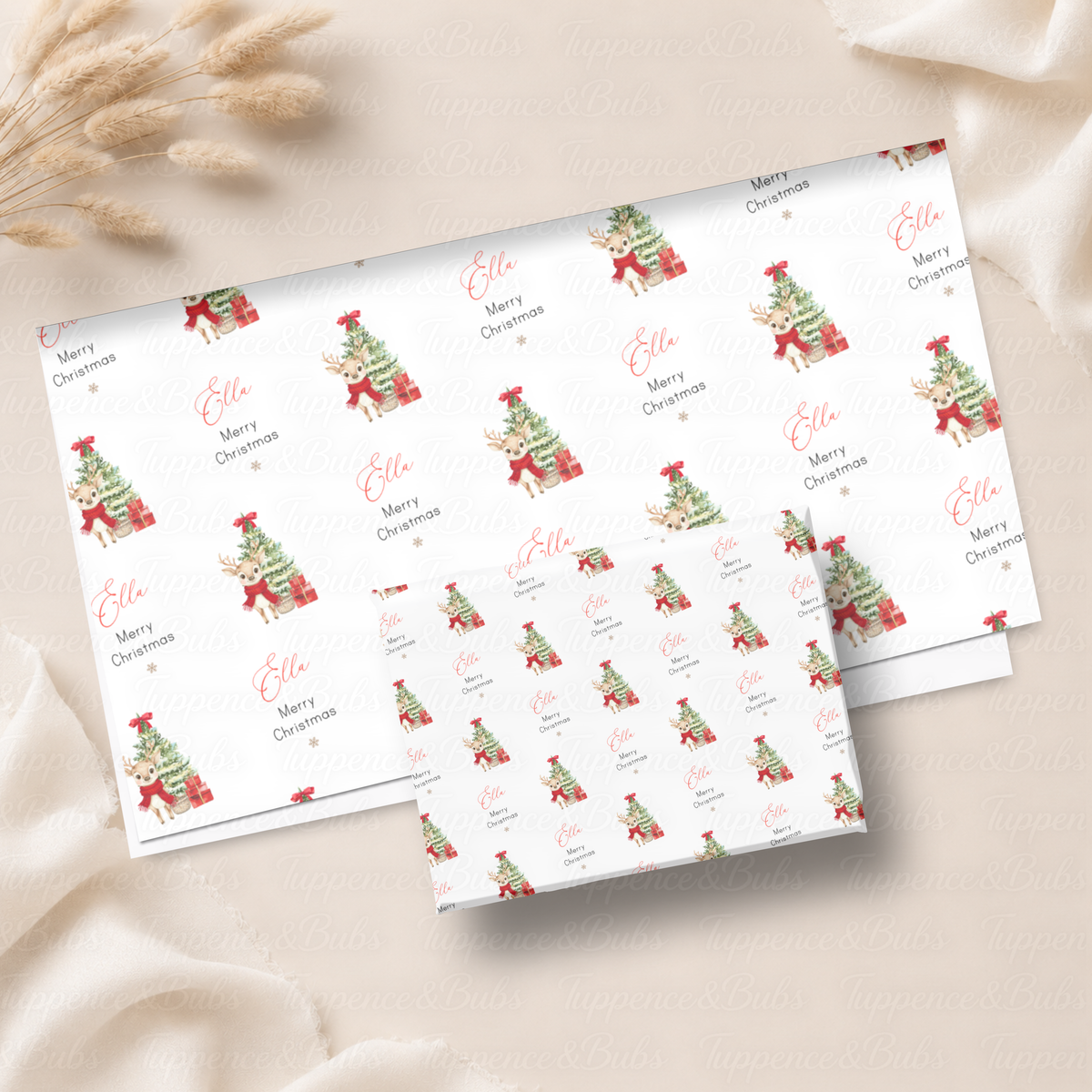 Christmas Reindeer with Red Scarf Personalised Wrapping Paper – 5 A3 Sheets