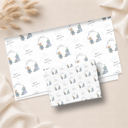 Blue Christmas Bunny & Postbox Personalised Wrapping Paper – 5 A3 Sheets