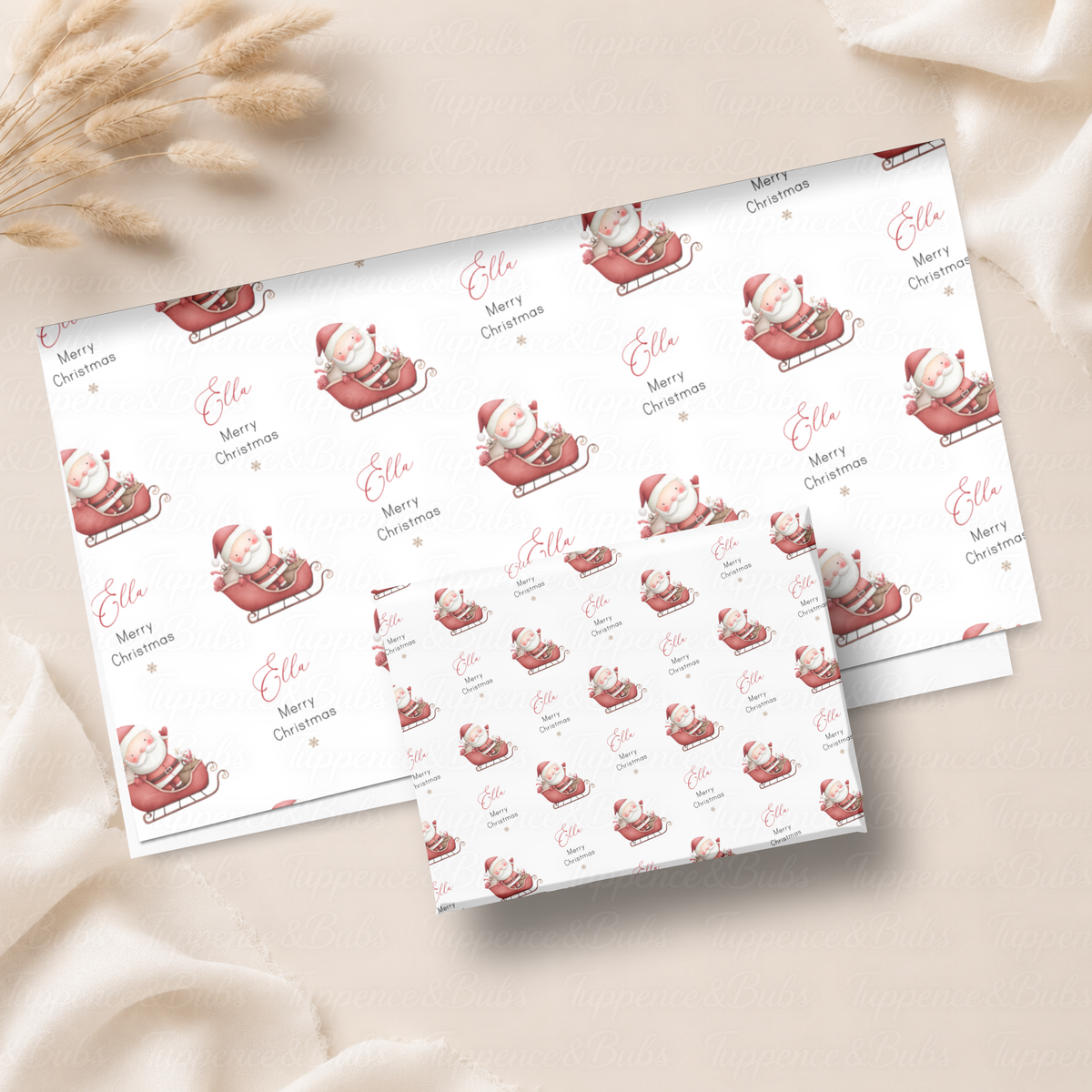 Santa Claus in Red Sleigh Personalised Christmas Wrapping Paper – 5 A3 Sheets