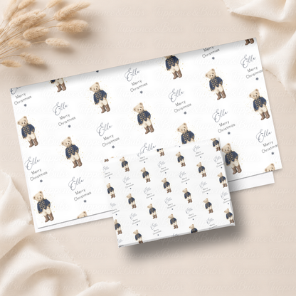 Navy Blue Nutcracker Teddy Bear Personalised Christmas Wrapping Paper – 5 A3 Sheets