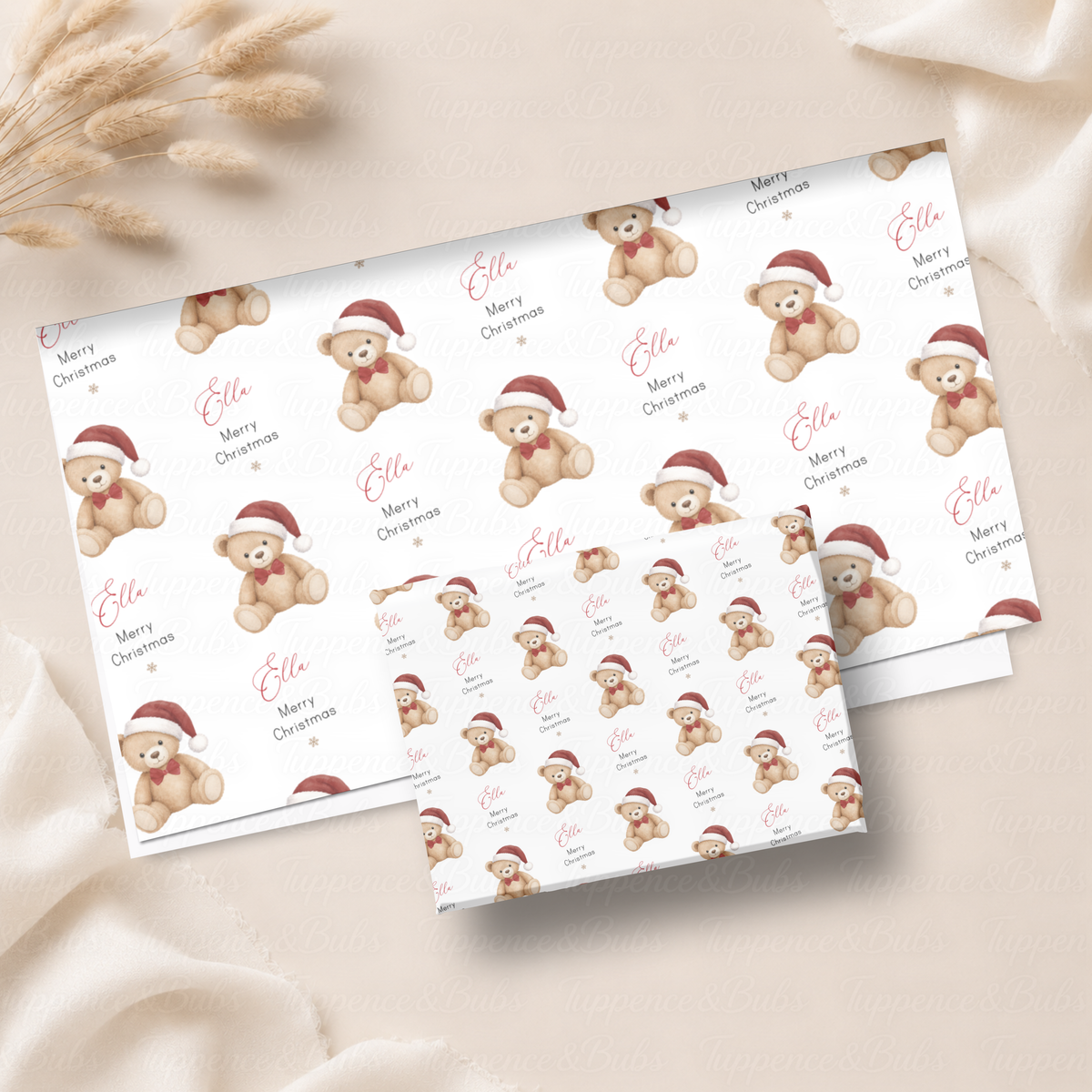 Christmas Teddy Bear Personalised Wrapping Paper – Pink, Blue or Red – 5 A3 Sheets