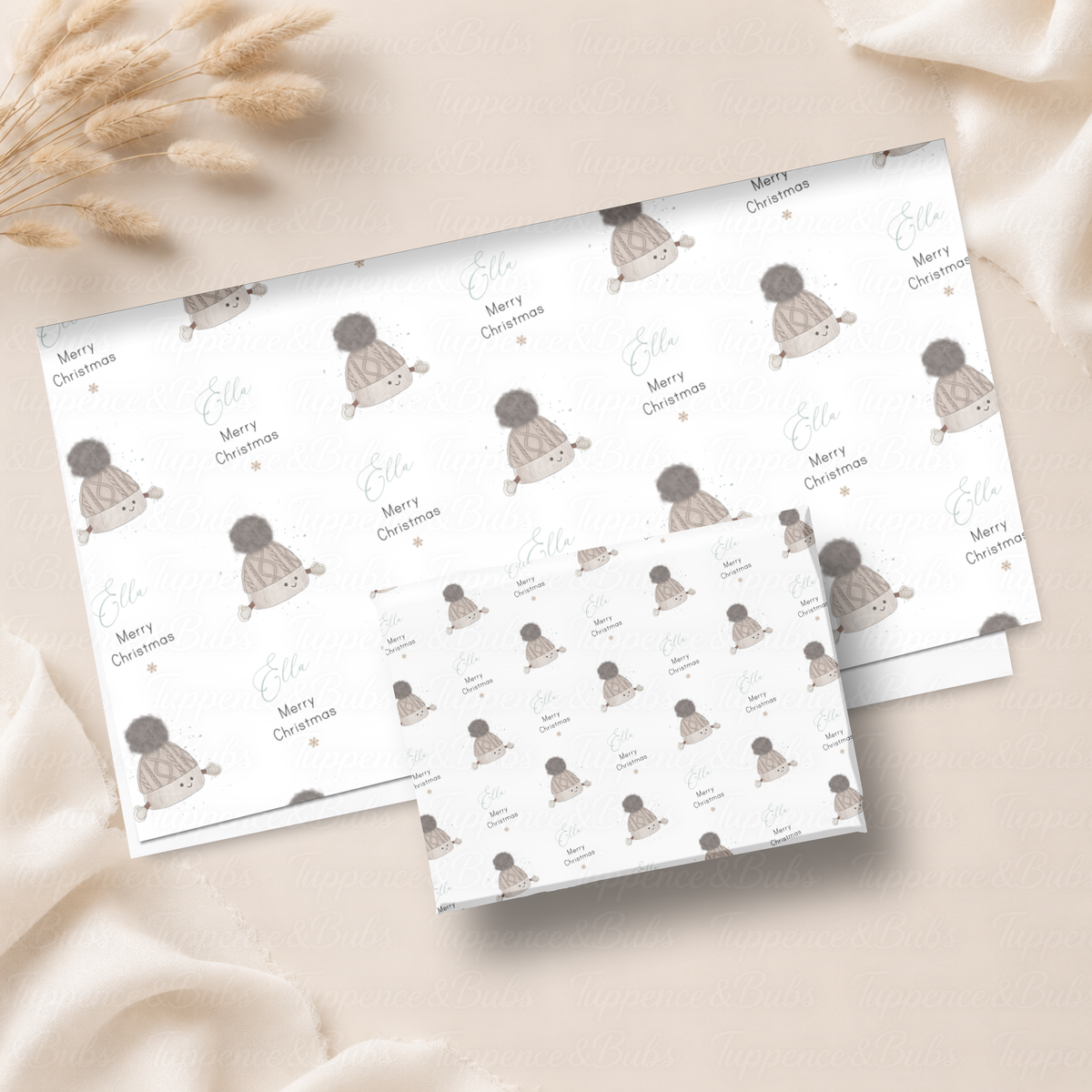 Cute Winter Bobble Hat Personalised Christmas Wrapping Paper – 5 A3 Sheets