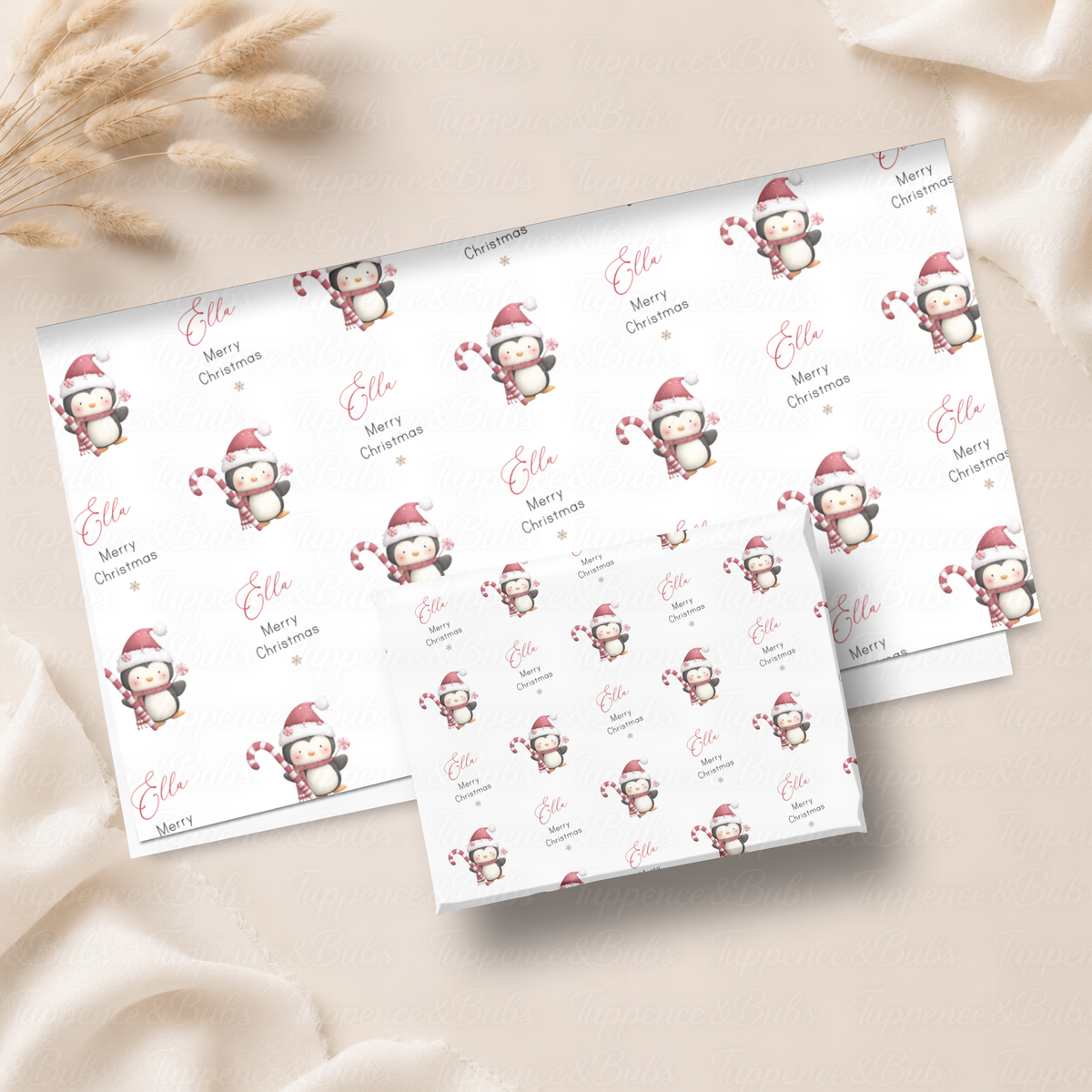 Christmas Penguin & Candy Cane Personalised Wrapping Paper – 5 A3 Sheets