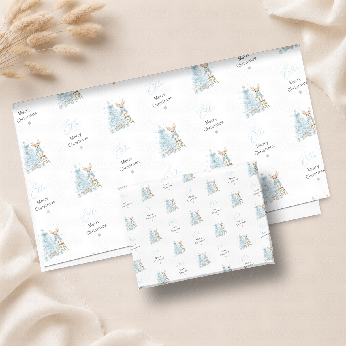 Pastel Reindeer Christmas Tree Personalised Wrapping Paper – Pink or Blue – 5 A3 Sheets