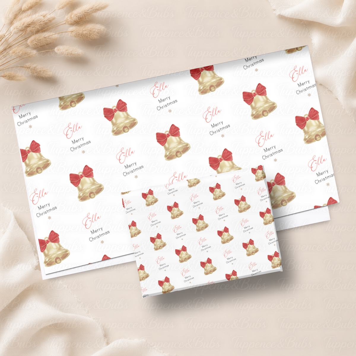 Gold Christmas Bells with Red Bows Personalised Wrapping Paper – 5 A3 Sheets