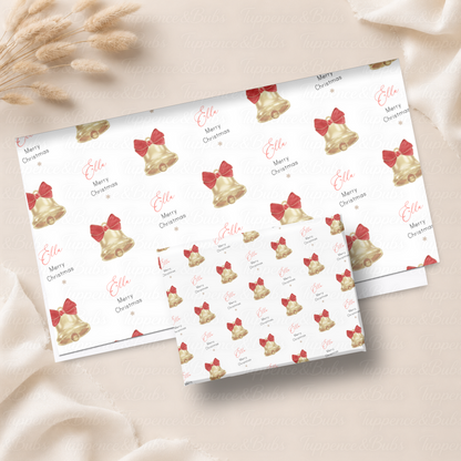 Gold Christmas Bells with Red Bows Personalised Wrapping Paper – 5 A3 Sheets
