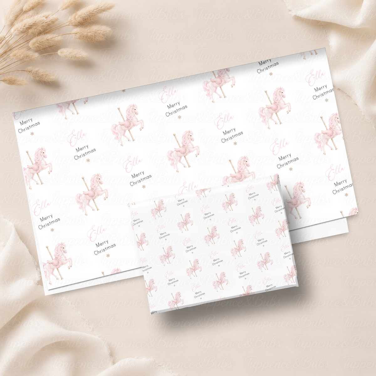 Pink Carousel Horse Personalised Christmas Wrapping Paper – 5 A3 Sheets