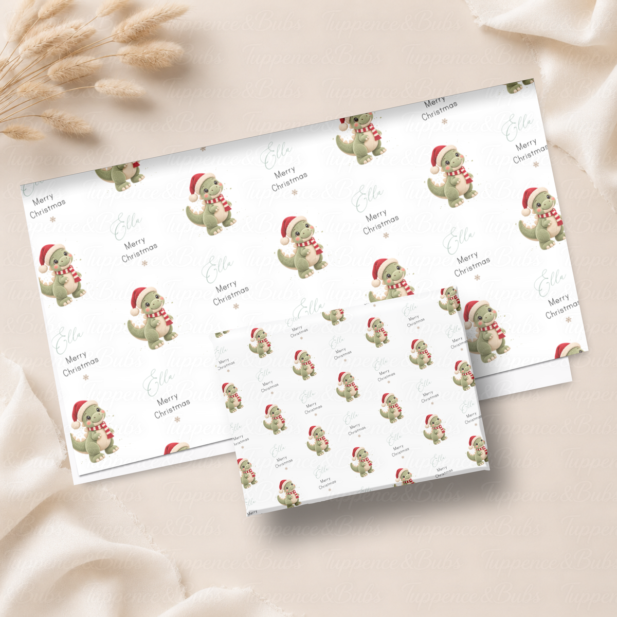 Cute Green Christmas Dinosaur Personalised Wrapping Paper – 5 A3 Sheets