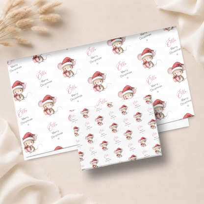 Cute Christmas Mouse with Present Personalised Wrapping Paper – 5 A3 Sheets