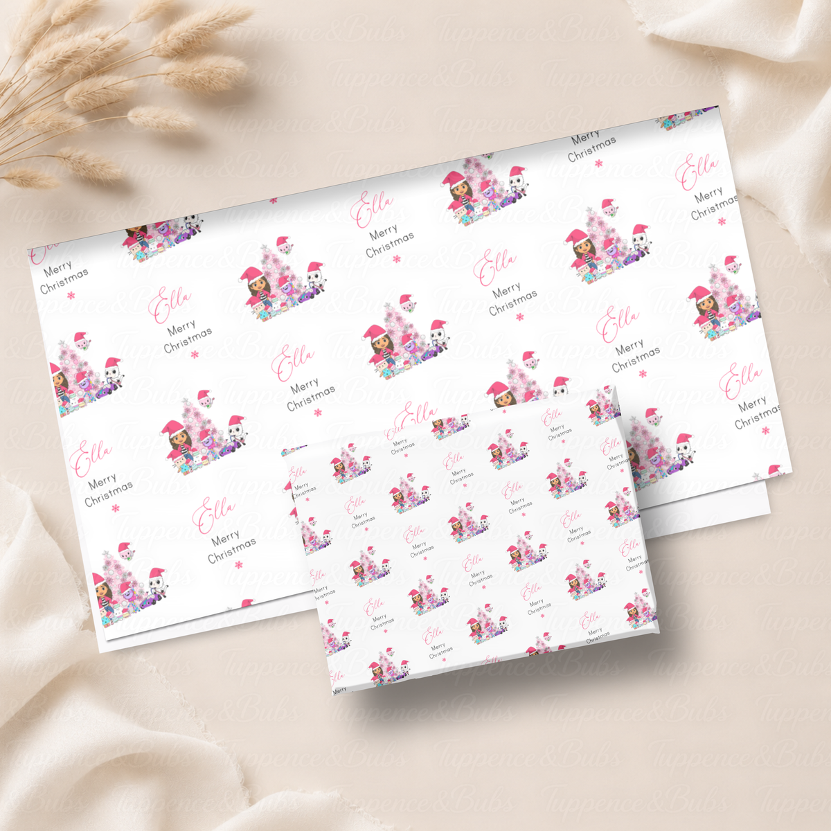 Pink Dollhouse Characters Personalised Wrapping Paper – 5 A3 Sheets