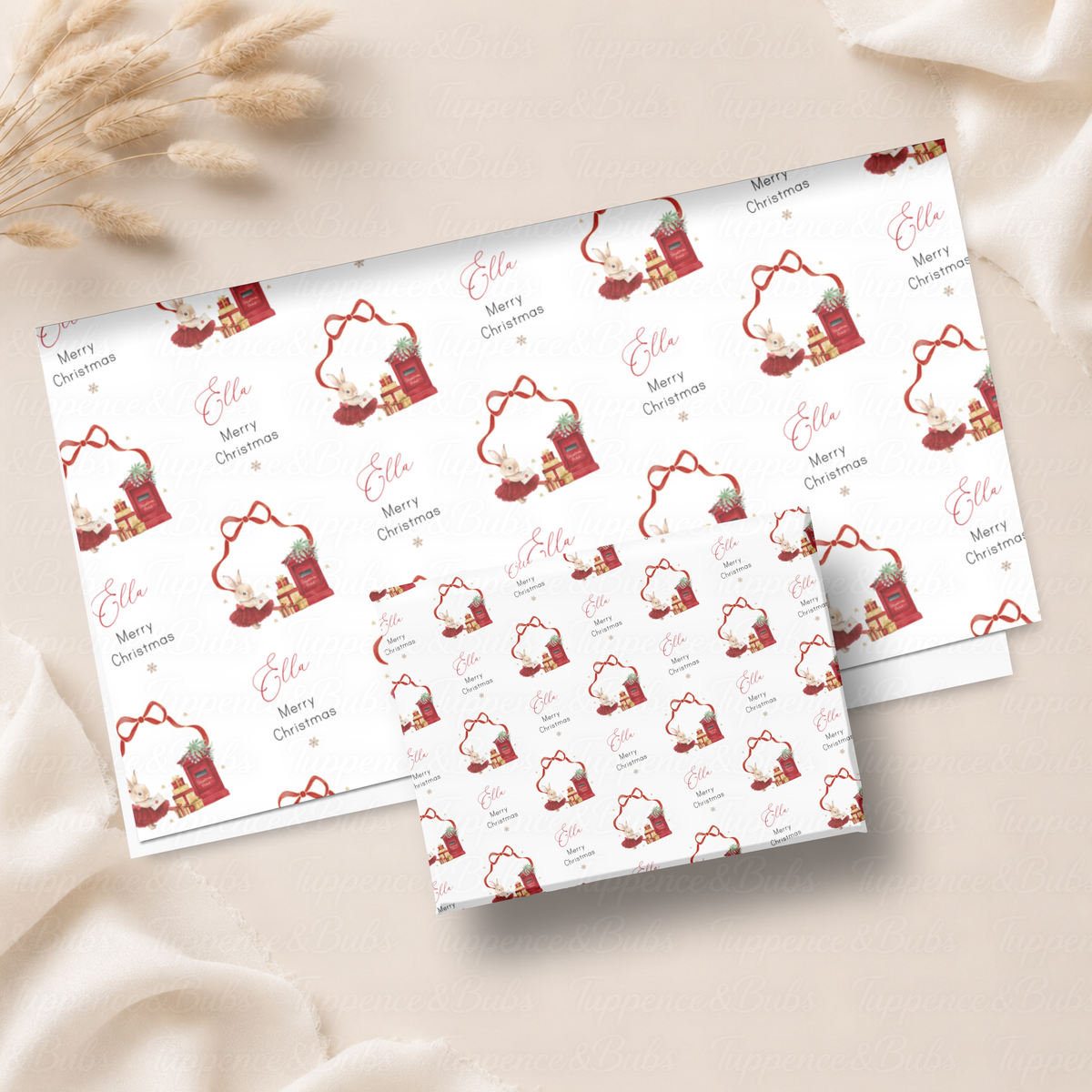 Christmas Bunny & Red Postbox Personalised Wrapping Paper – 5 A3 Sheets