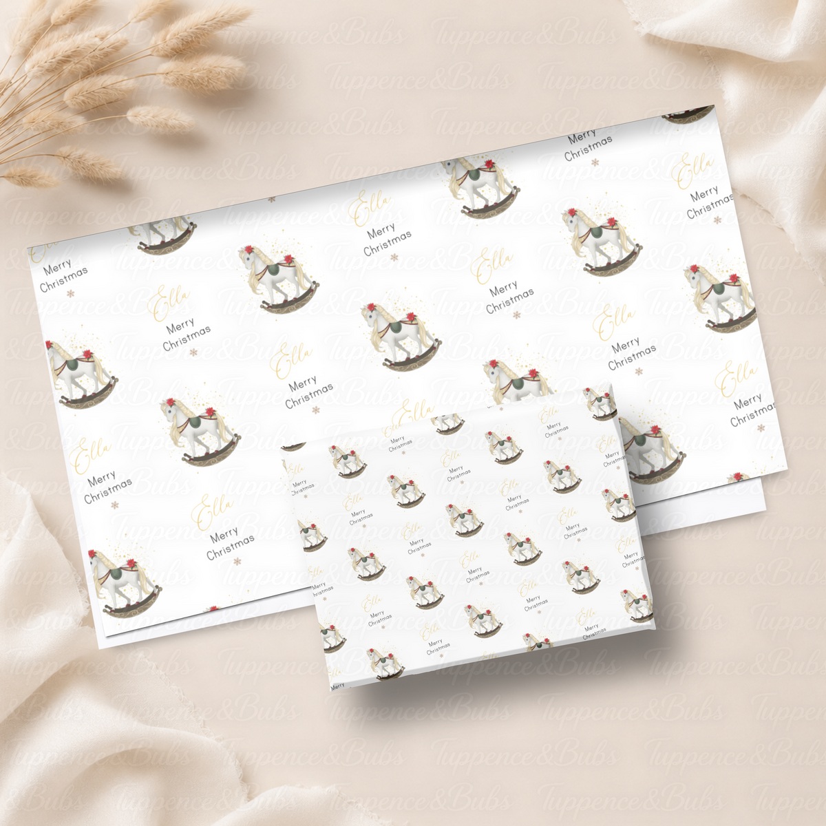 White Rocking Horse Personalised Christmas Wrapping Paper – 5 A3 Sheets