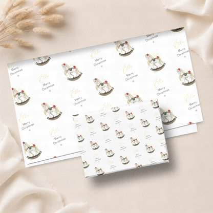 White Rocking Horse Personalised Christmas Wrapping Paper – 5 A3 Sheets