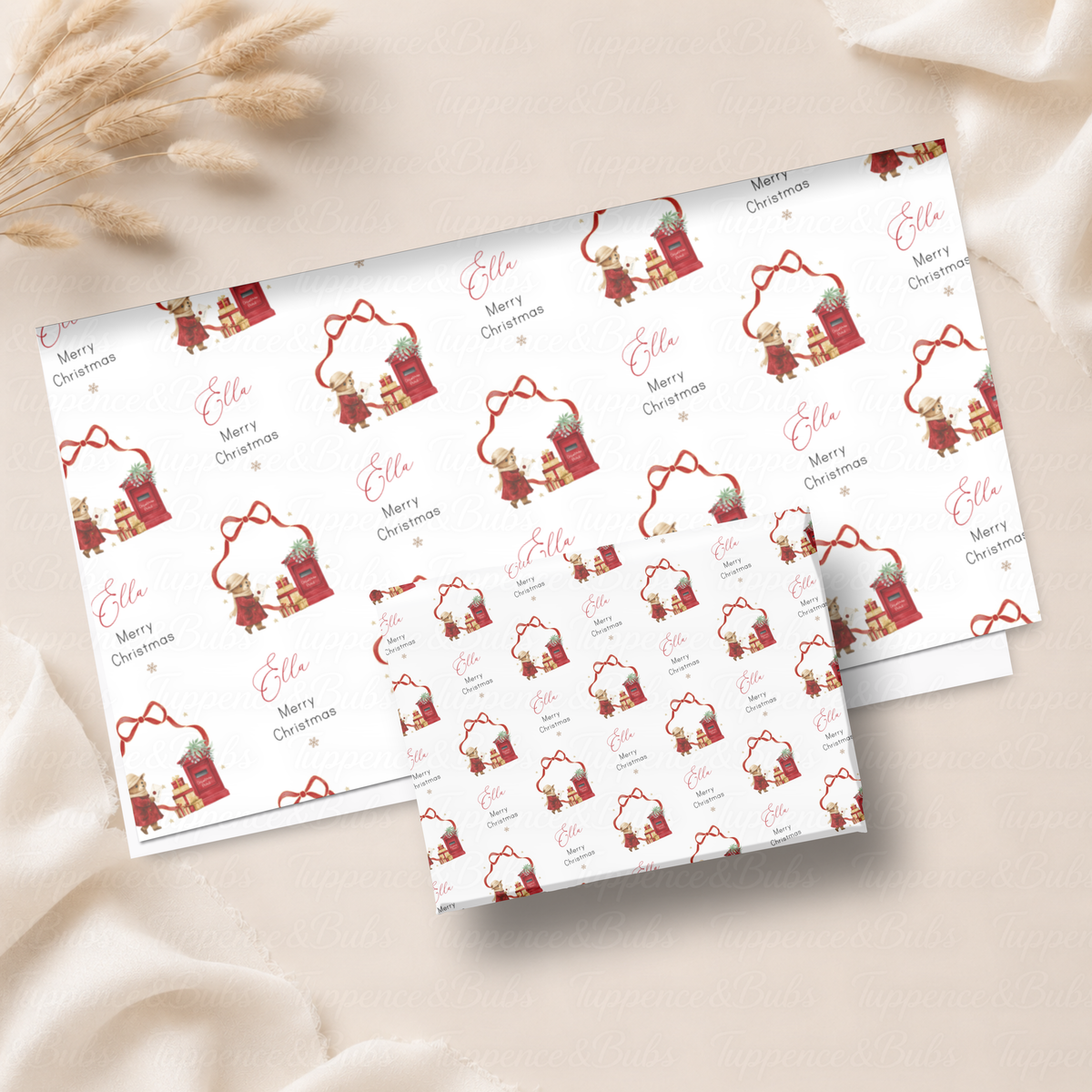 Red Christmas Bunny & North Pole Postbox Personalised Wrapping Paper – 5 A3 Sheets