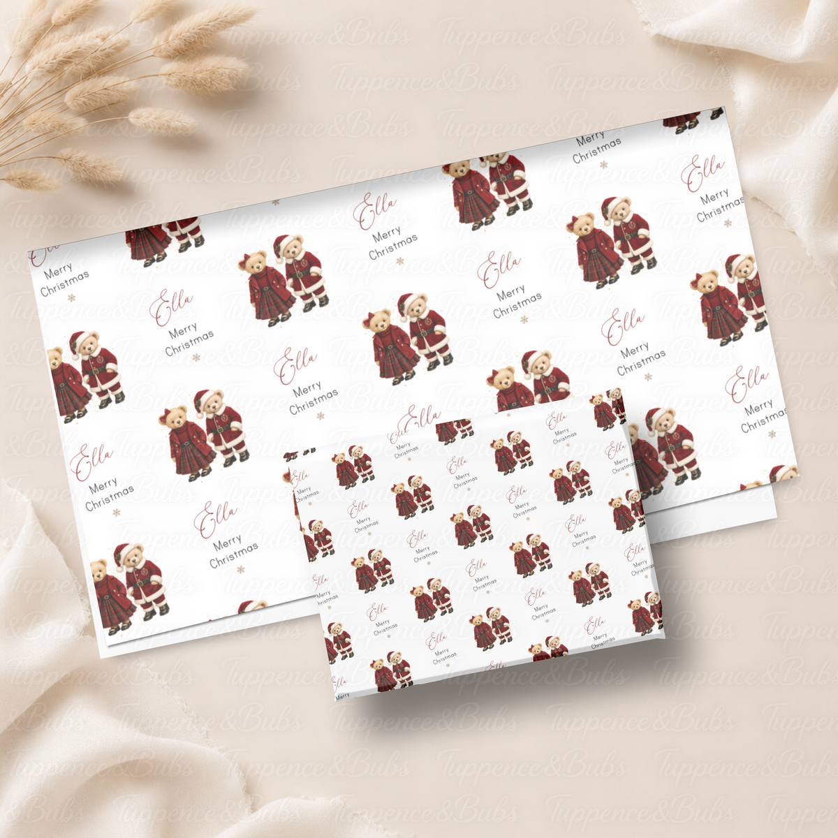 Traditional Christmas Teddy Bear Couple Personalised Wrapping Paper – 5 A3 Sheets