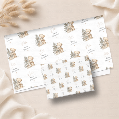 Neutral Beige Teddy Bear Personalised Christmas Wrapping Paper – 5 A3 Sheets