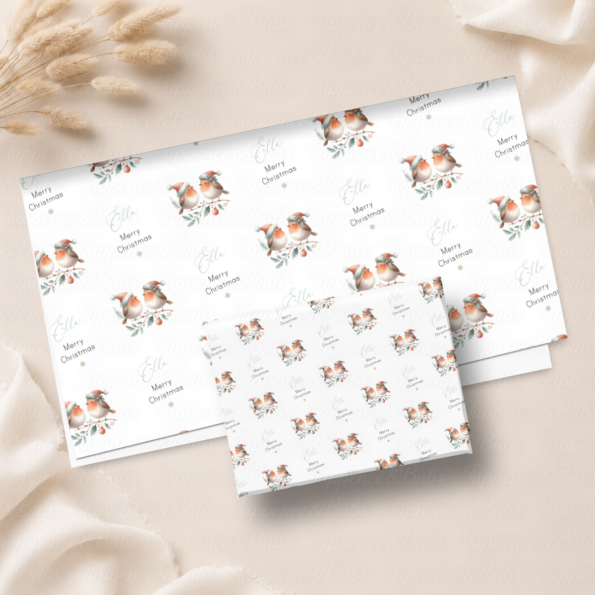 Christmas Robins with Santa Hats Personalised Wrapping Paper – 5 A3 Sheets