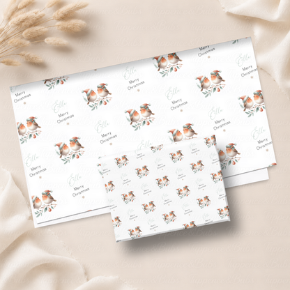 Christmas Robins with Santa Hats Personalised Wrapping Paper – 5 A3 Sheets