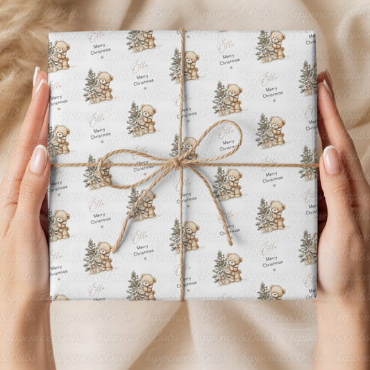 Neutral Beige Teddy Bear Personalised Christmas Wrapping Paper – 5 A3 Sheets