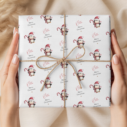 Christmas Penguin & Candy Cane Personalised Wrapping Paper – 5 A3 Sheets