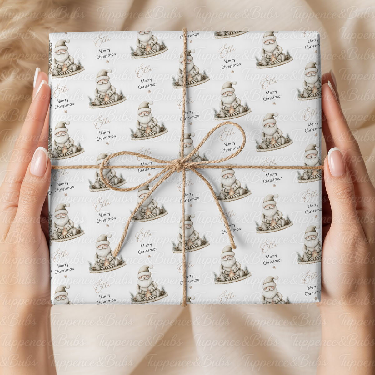 Neutral Beige Santa Personalised Christmas Wrapping Paper – 5 A3 Sheets