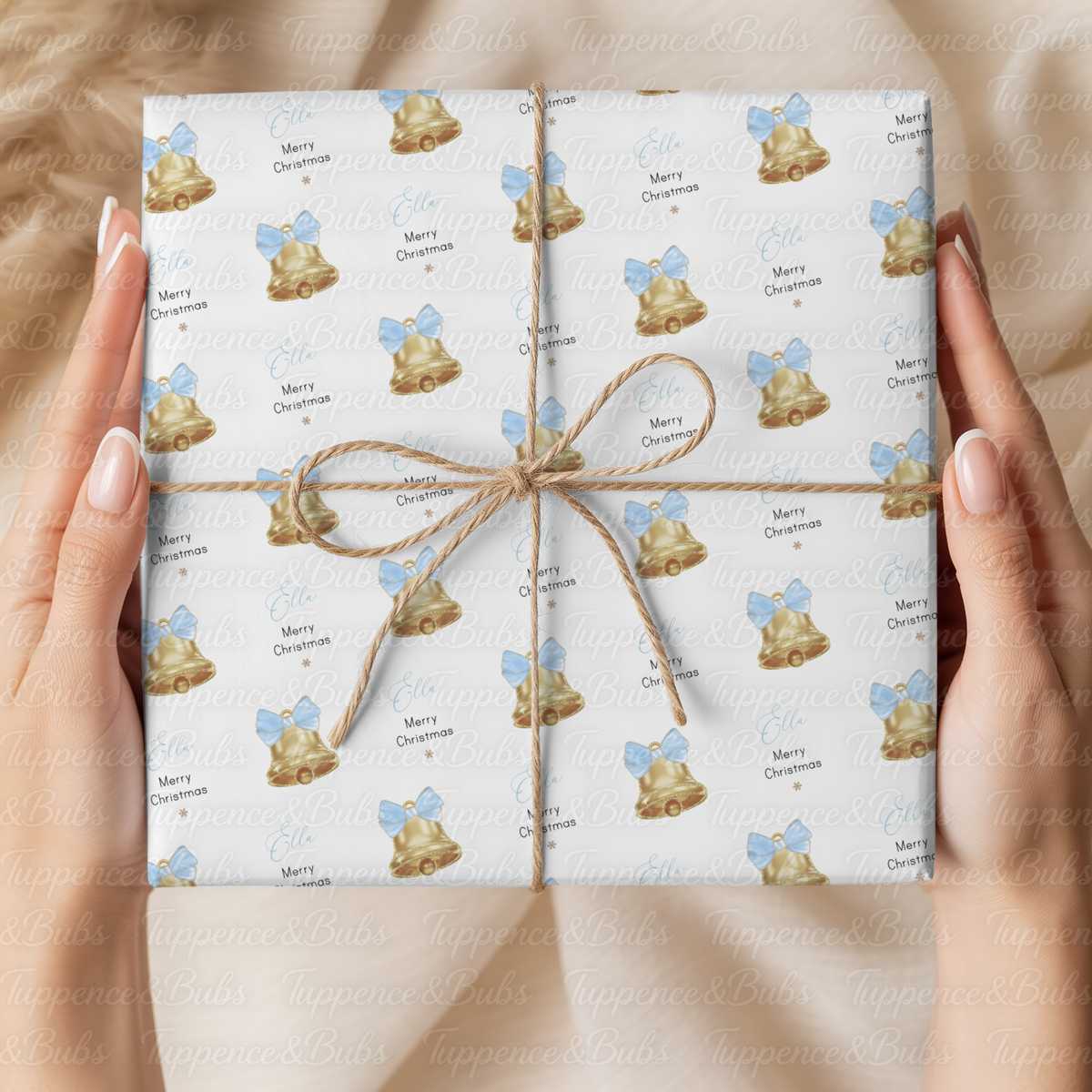 Gold Christmas Bells with Baby Blue Bows Personalised Wrapping Paper – 5 A3 Sheets