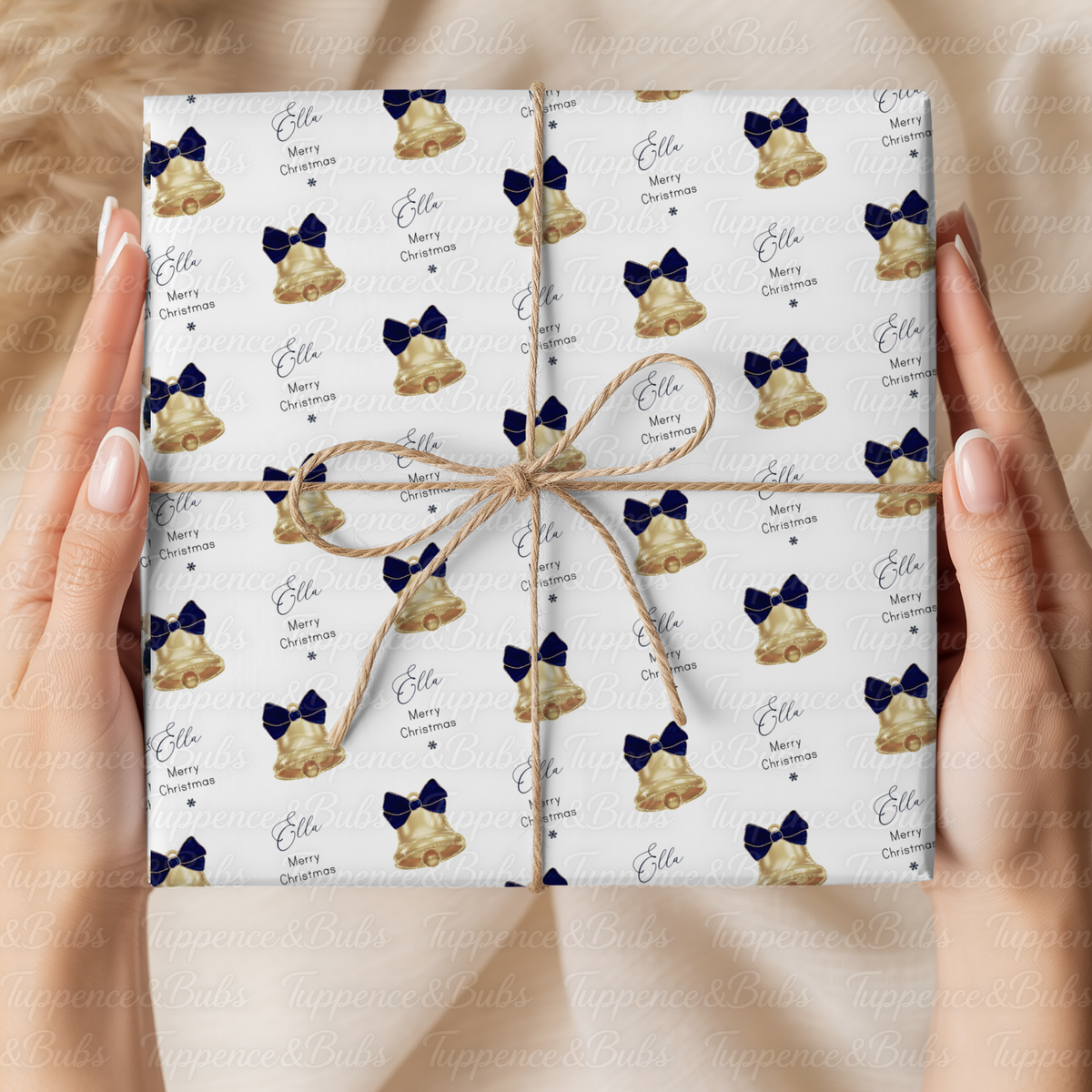Gold Christmas Bells with Navy Blue Bows Personalised Wrapping Paper – 5 A3 Sheets