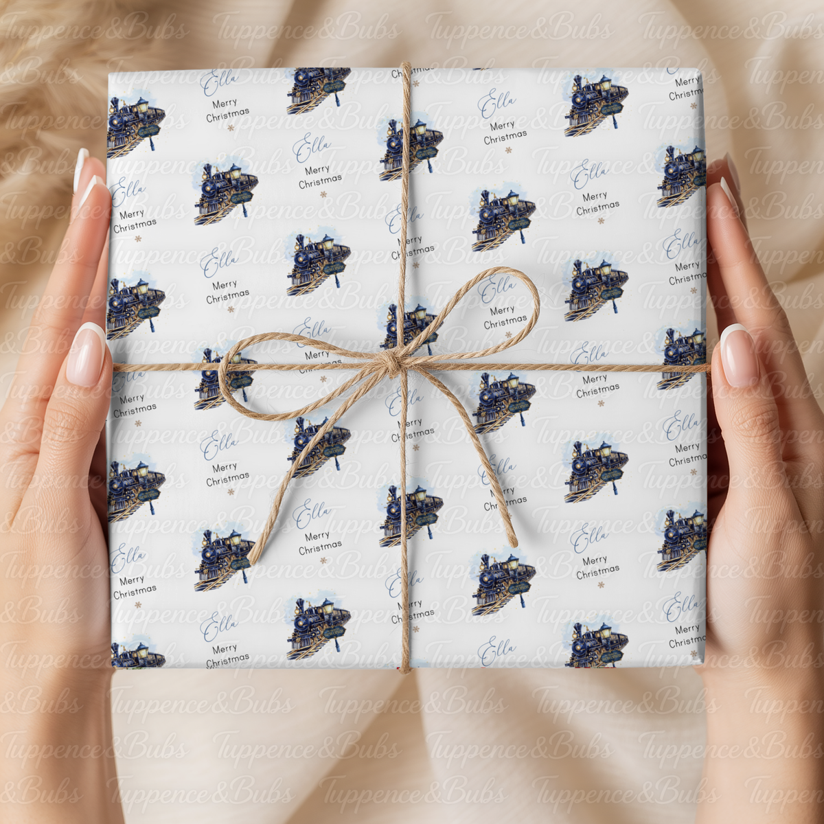 Navy Blue & Gold Steam Train Personalised Christmas Wrapping Paper – 5 A3 Sheets