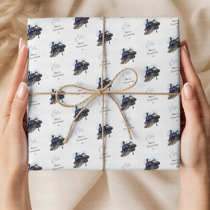 Navy Blue & Gold Steam Train Personalised Christmas Wrapping Paper – 5 A3 Sheets