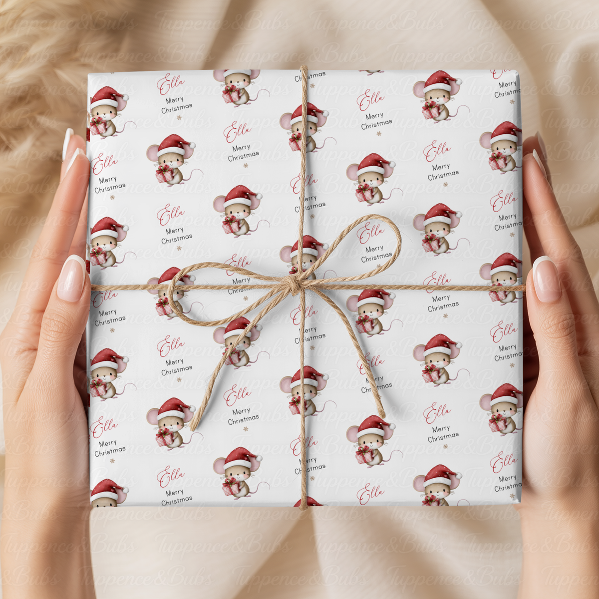 Cute Christmas Mouse with Present Personalised Wrapping Paper – 5 A3 Sheets
