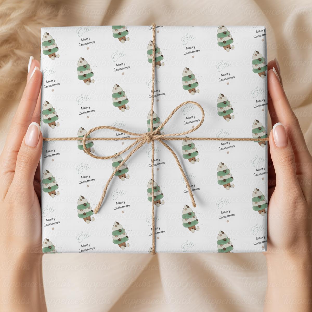 Sage Green Plush Christmas Tree Personalised Wrapping Paper – 5 A3 Sheets