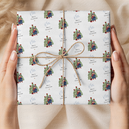 Winter Bear in Navy Coat Personalised Christmas Wrapping Paper – 5 A3 Sheets