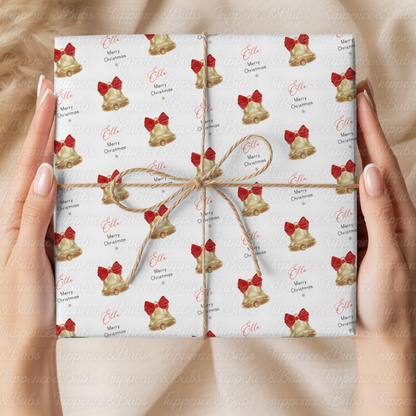 Gold Christmas Bells with Red Bows Personalised Wrapping Paper – 5 A3 Sheets