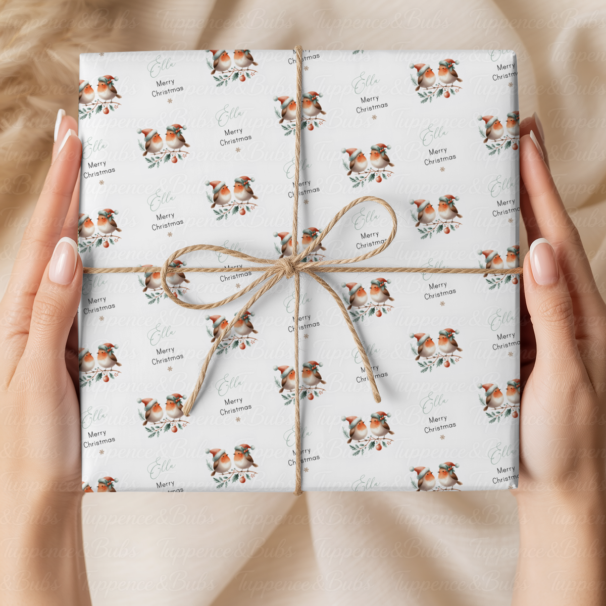 Christmas Robins with Santa Hats Personalised Wrapping Paper – 5 A3 Sheets