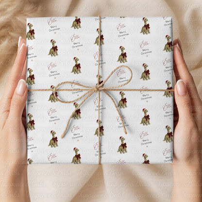 Christmas Dinosaur with Santa Hat Personalised Wrapping Paper – 5 A3 Sheets