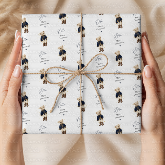 Navy Blue Nutcracker Teddy Bear Personalised Christmas Wrapping Paper – 5 A3 Sheets