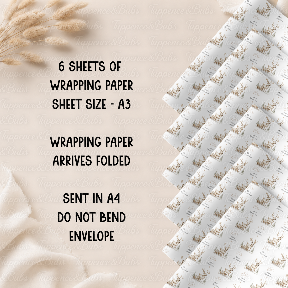 Neutral Beige Reindeer Personalised Christmas Wrapping Paper – 5 A3 Sheets