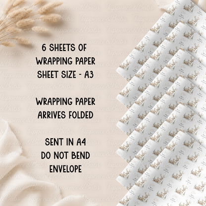 Neutral Beige Reindeer Personalised Christmas Wrapping Paper – 5 A3 Sheets