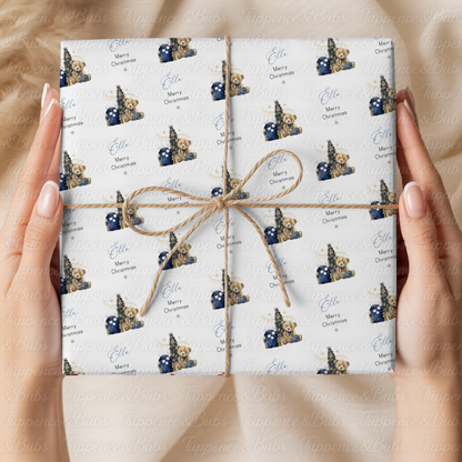 Navy Blue Christmas Teddy Bear Personalised Wrapping Paper – 5 A3 Sheets