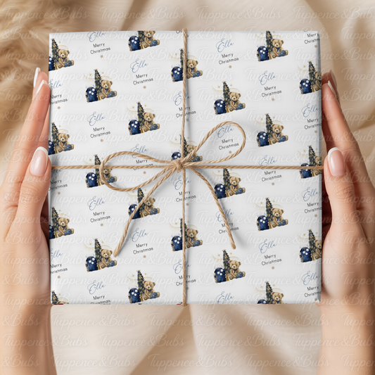 Navy Blue Christmas Teddy Bear Personalised Wrapping Paper – 5 A3 Sheets