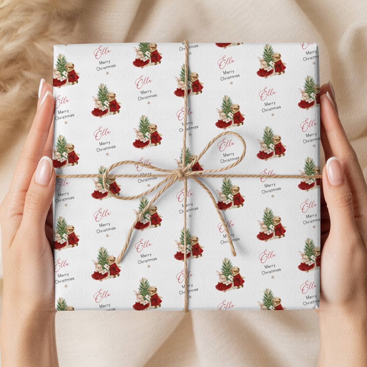 Woodland Christmas Rabbits & Tree Personalised Wrapping Paper – 5 A3 Sheets