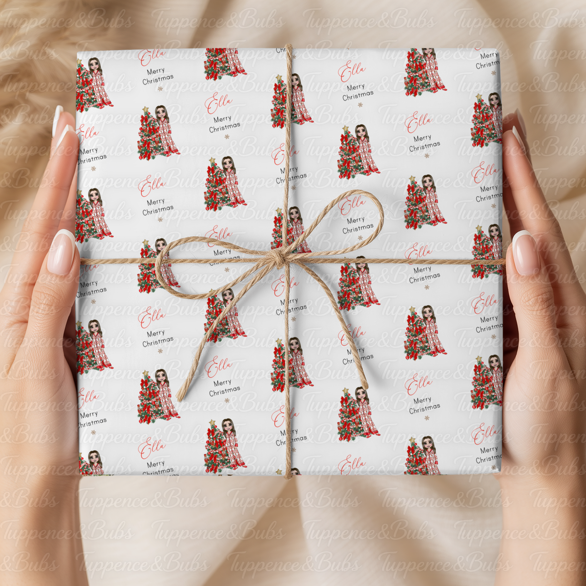 Festive Girl & Christmas Tree Personalised Wrapping Paper – 5 A3 Sheets
