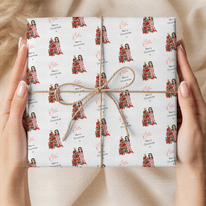 Festive Girl & Christmas Tree Personalised Wrapping Paper – 5 A3 Sheets
