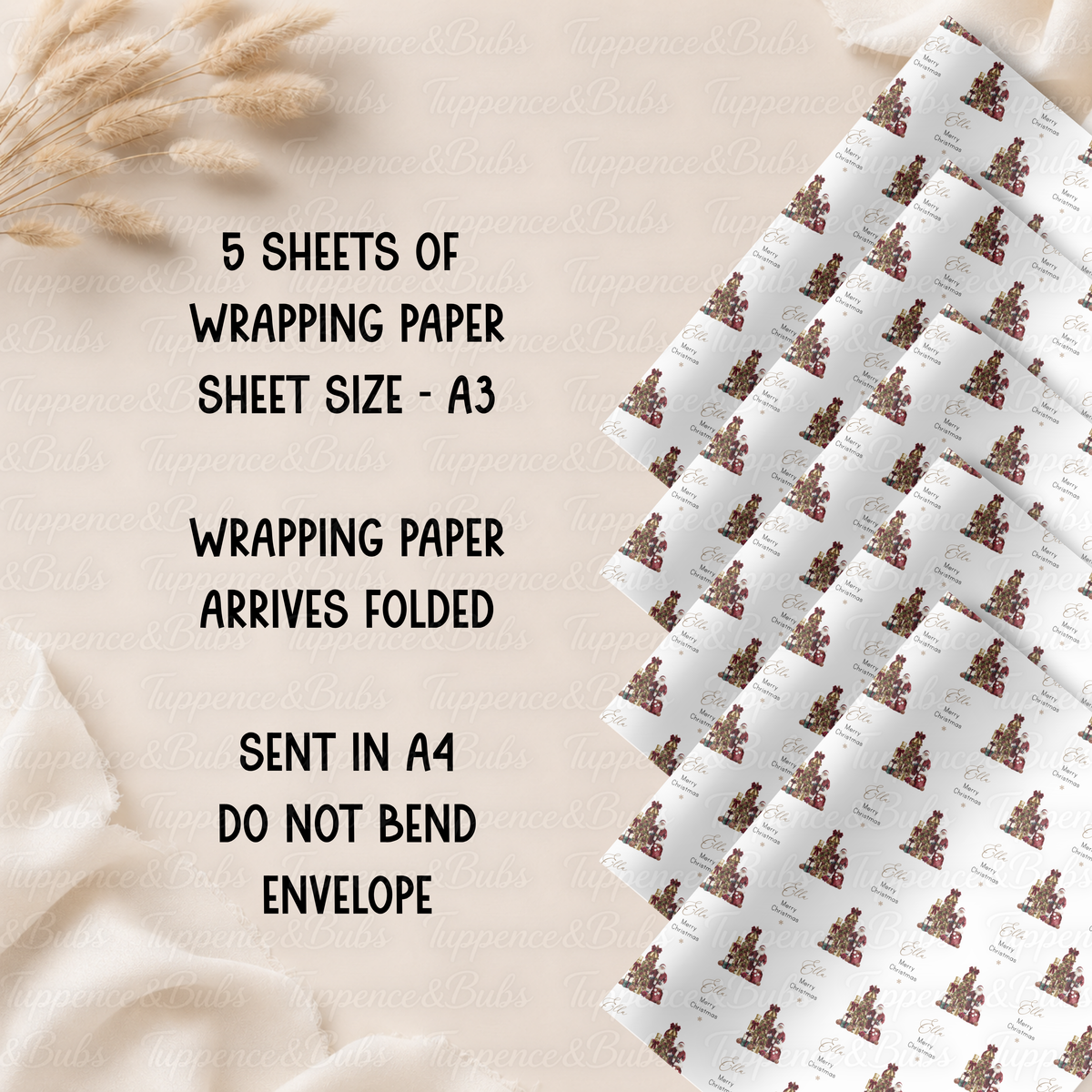 Traditional Santa & Christmas Tree Personalised Wrapping Paper – 5 A3 Sheets