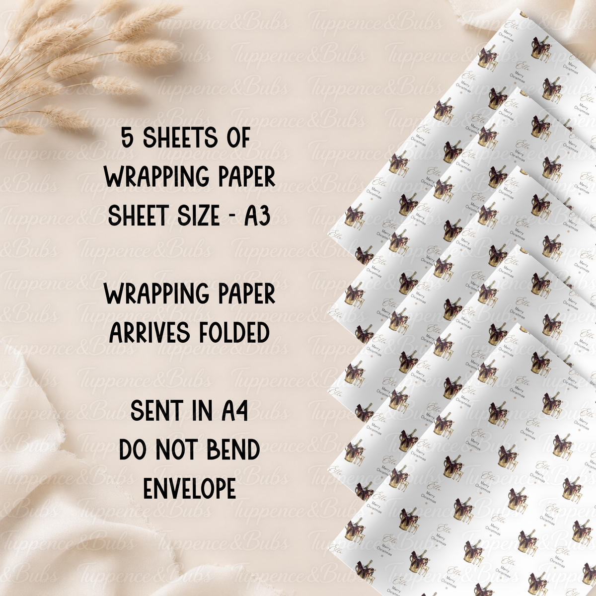 Champagne Bottle & Gold Reindeer Personalised Christmas Wrapping Paper – 5 A3 Sheets