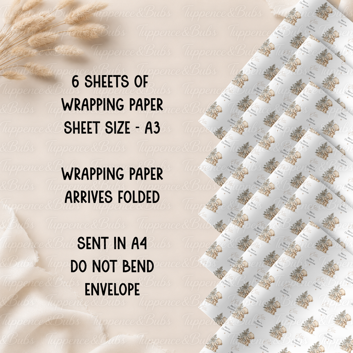 Neutral Beige Teddy Bear Personalised Christmas Wrapping Paper – 5 A3 Sheets