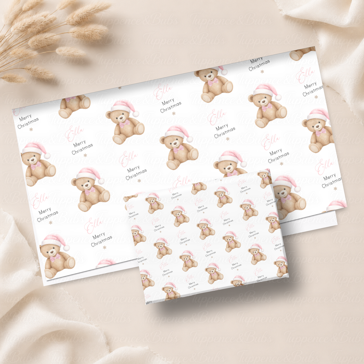 Christmas Teddy Bear Personalised Wrapping Paper – Pink, Blue or Red – 5 A3 Sheets