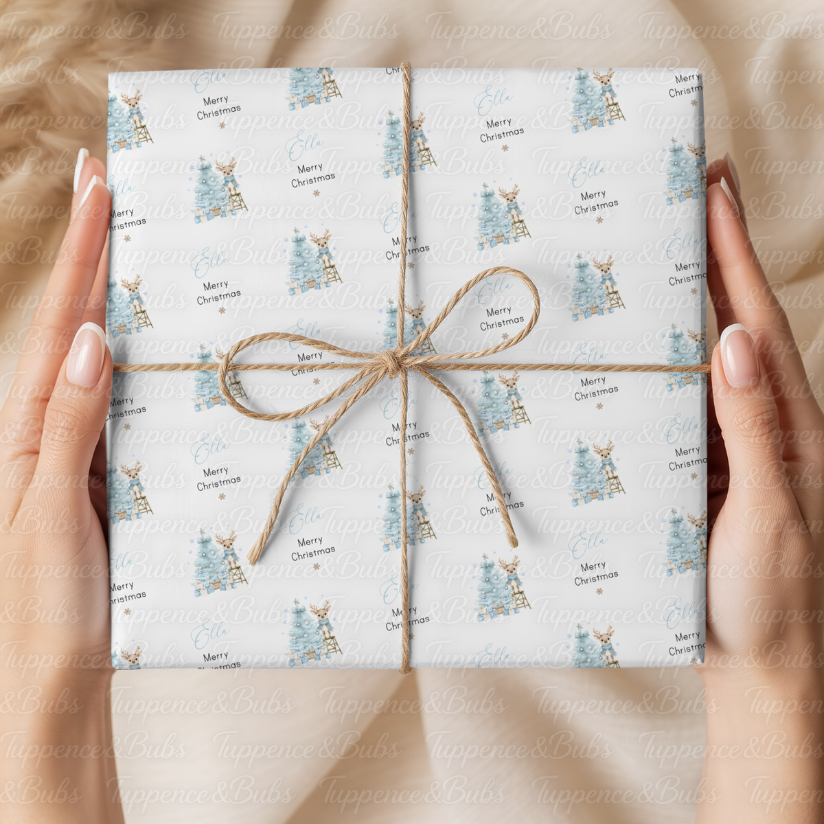 Pastel Reindeer Christmas Tree Personalised Wrapping Paper – Pink or Blue – 5 A3 Sheets